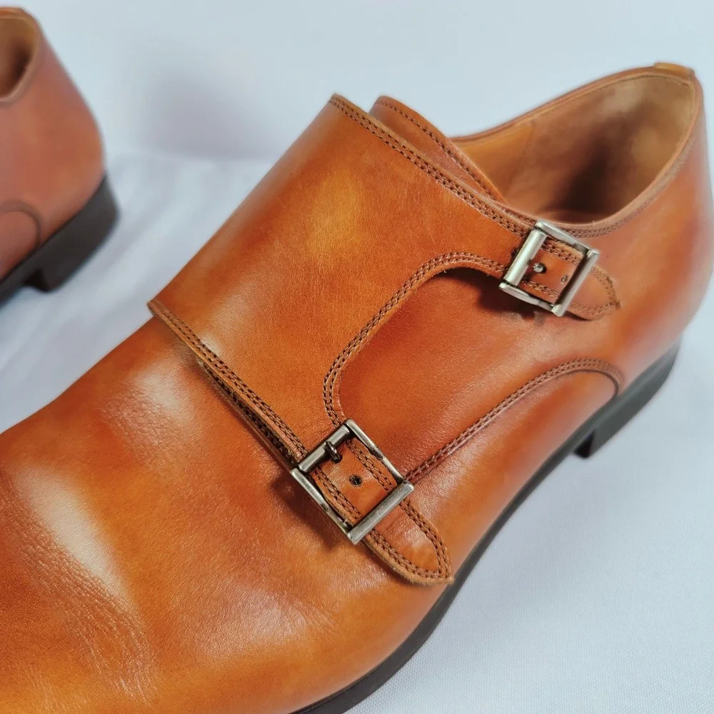 Magnanni Burnished Double Monk Strap Loafers Cognac Leather Shoes 13 M Spain